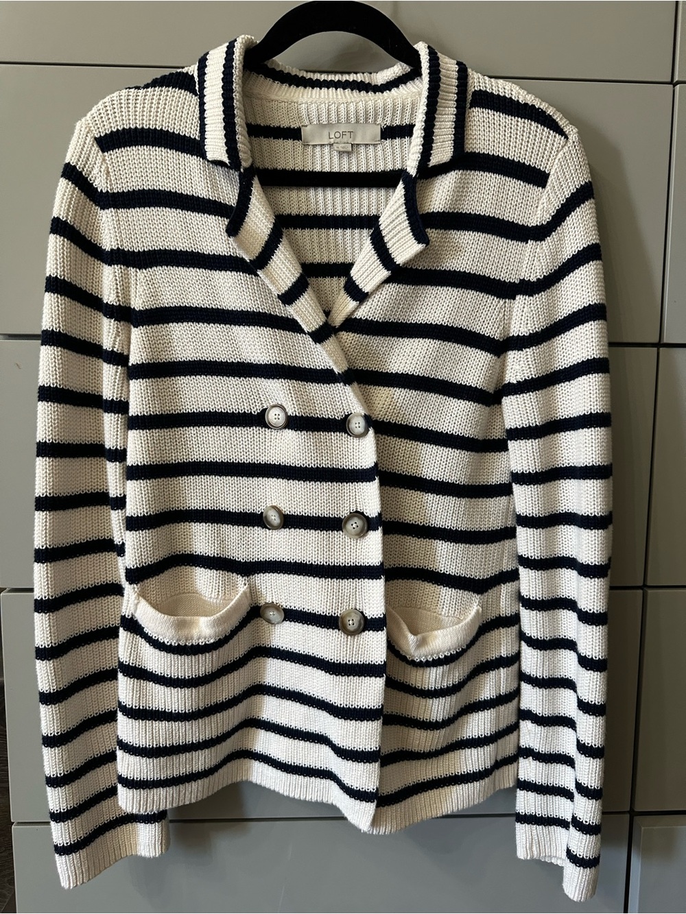 LOFT Striped Double-Breasted Knit Blazer - White & Navy Size Medium - Picture 3 of 10